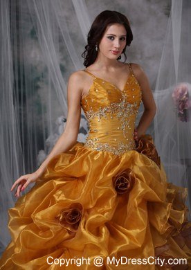 Ball Gown Spaghetti Straps Organza Beading Sweet 15 Dress